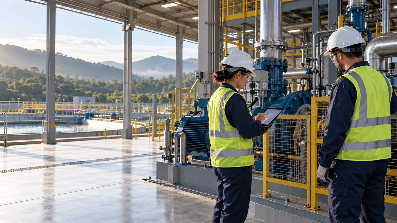 Imagem gerada de profissionais com equipamentos de proteção inspecionando uma instalação industrial.