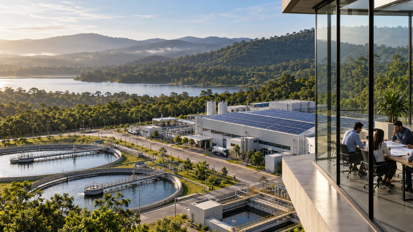Imagem gerada de uma instalação industrial com painéis solares, paisagem verde e reunião de planejamento.